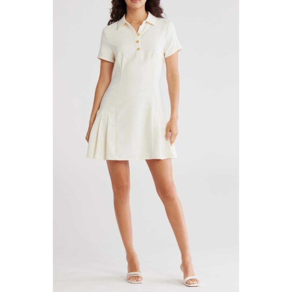 French Connection Polo Fit & Flare Dress Women's XS Cream Pleated Preppy NWT